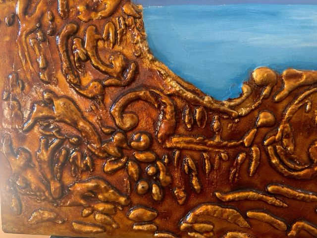 Cuadro vintage mujer junto al mar óleo y relieve”