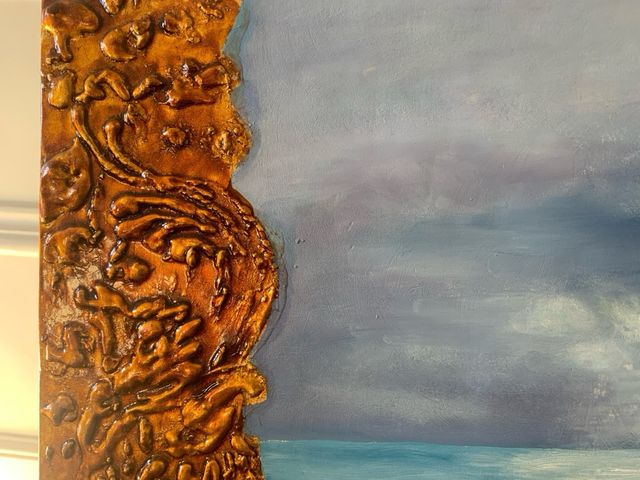 Cuadro vintage mujer junto al mar óleo y relieve”