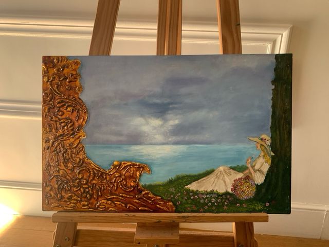 Cuadro vintage mujer junto al mar óleo y relieve”