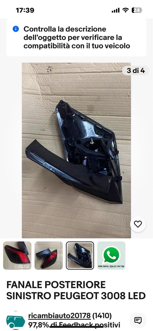 FANALE POSTERIORE SINISTRO PEUGEOT 3008 ANNO 2018