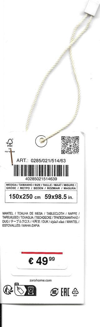 ZARA MANTEL MESA 150X250