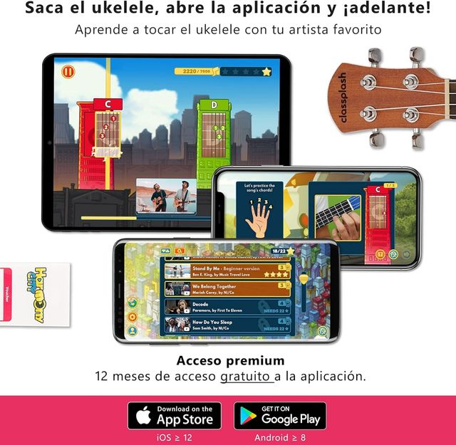 Ukelele con accesorios app para aprender