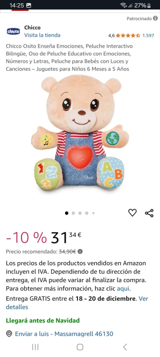 Chicco Oso Interactivo Nuevo Oso De Juguete Musical Con Luz Juego