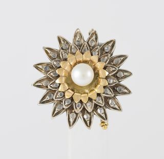 Broche antiguo en oro, plata con perla y zafiros
