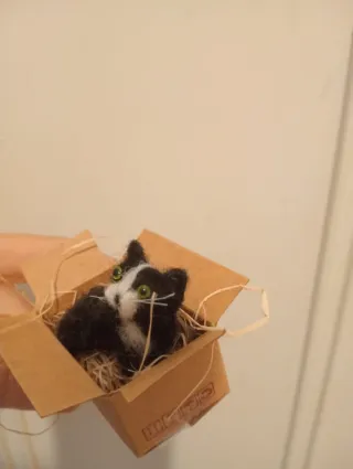 Pequeño gatito hecho a mano en su cajita