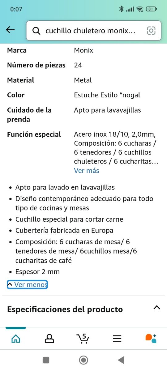 Cubertería 24piezas acero inoxidable