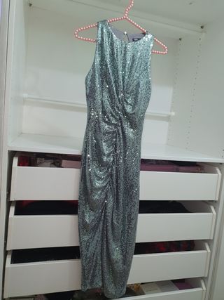 Vestido fiesta verde plata lentejuela Zara
