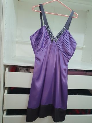 Vestido fiesta morado saten pedreria
