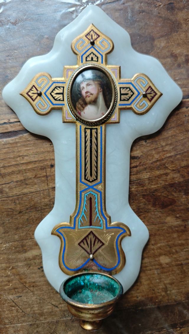 Acquasantiera Grande Alabastro Bronzo Champleve