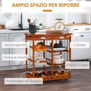 Carrello da Cucina Multiuso in Legno di Pino 74 x