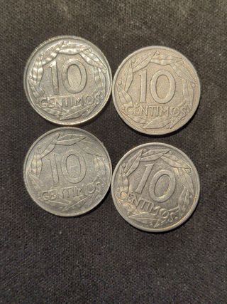 Cuatro monedas de 10 céntimos de Franco 1959