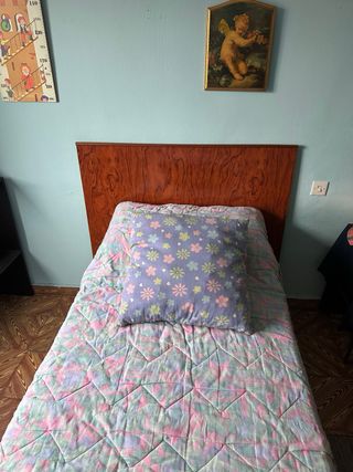 Colcha, edredón, sábanas, cojines, almohadas.￼