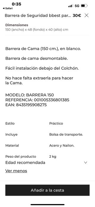 Barrera cama  niños