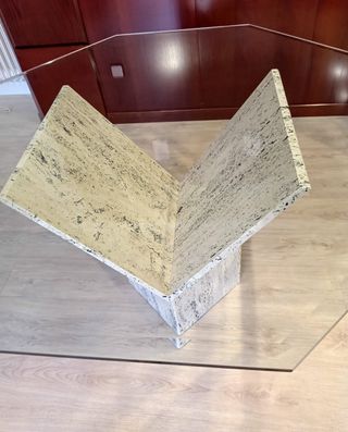 MESA CRISTAL Y MÁRMOL TRAVERTINO + REGALO MANTEL 