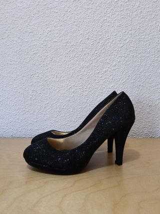 Zapatos mujer tacón fiesta lentejuelas negros.N°38