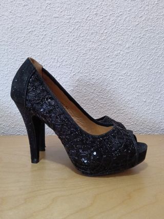 Zapatos mujer tacón fiesta lentejuelas negros.N°38