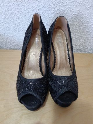 Zapatos mujer tacón fiesta lentejuelas negros.N°38
