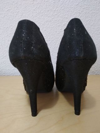 Zapatos fiesta mujer tacón lentejuelas negros.N°39