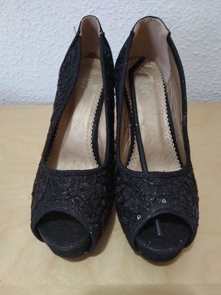 Zapatos fiesta mujer tacón lentejuelas negros.N°39