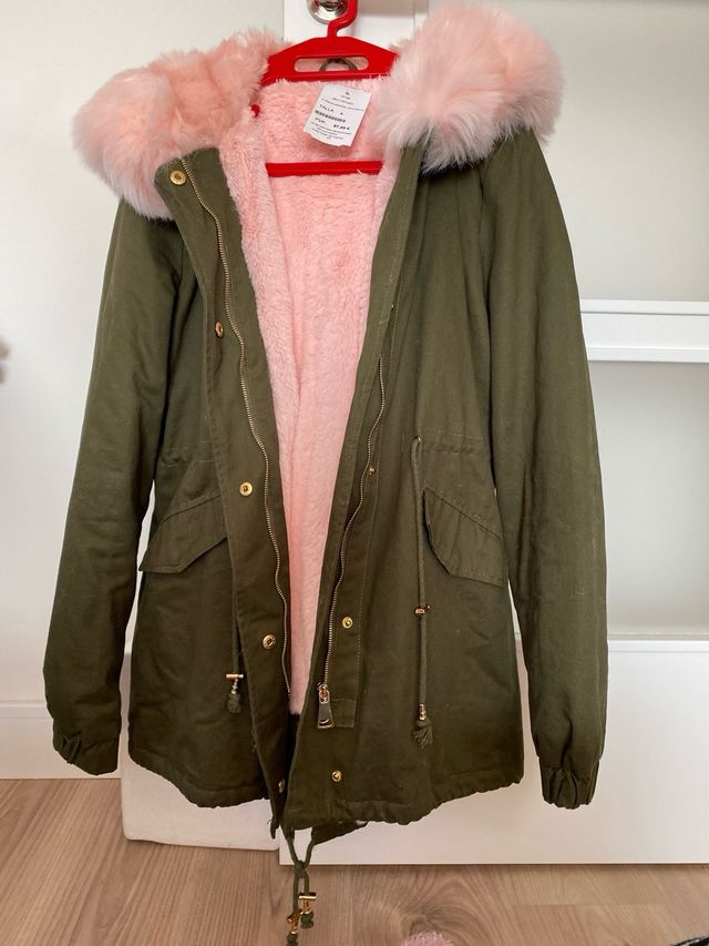 Abrigo anorak verde/rosa forro pelo t-M