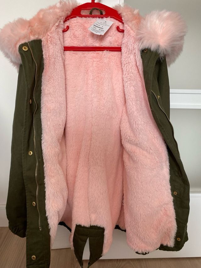 Abrigo anorak verde/rosa forro pelo t-M