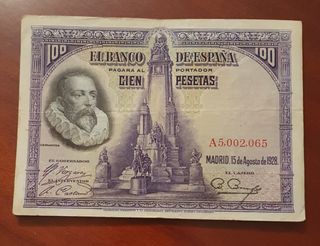 Billetes de 25, 50 y 100 pesetas de 1928
