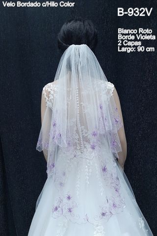 Velo Novia Corto Bordado en Hilo Morado
