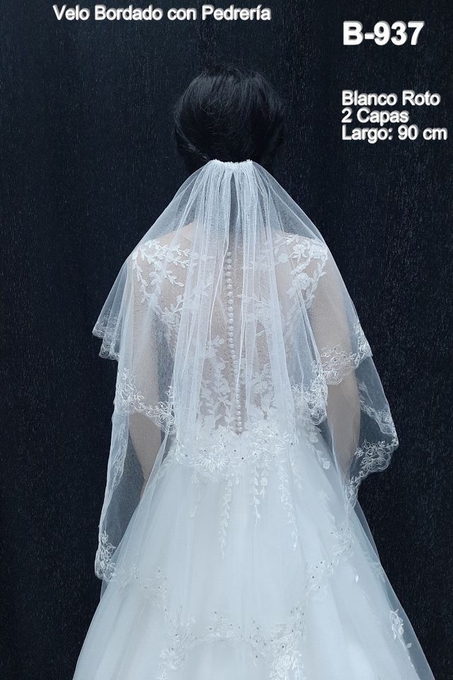 Velo Novia Corto Bordado Blanco Pedreria
