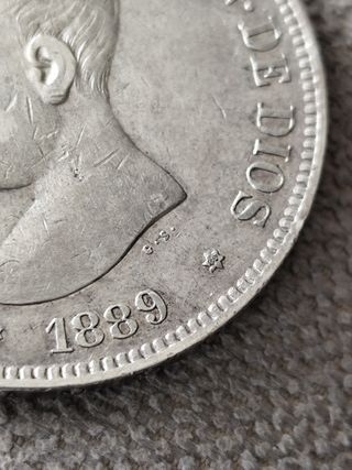 Moneda 5 Pesetas Alfonso XIII 1889 *89 plata