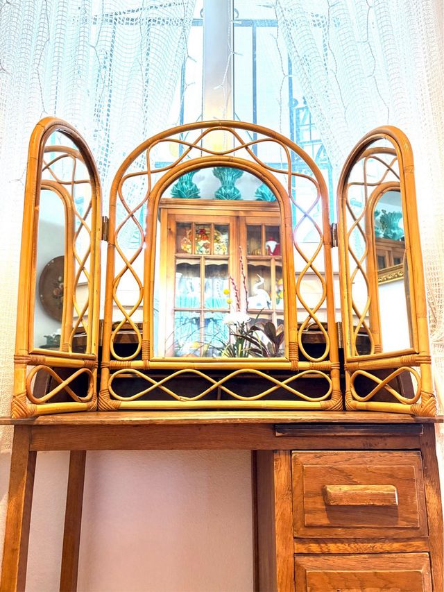 SPECCHIO TRITTICO IN BAMBÙ ANTICO.