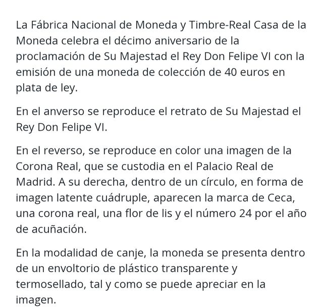 Moneda X aniversario proc Felipe VI