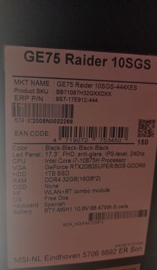 Portatil MSI GE75 Raider i7 10875H SSD RTX 2080
