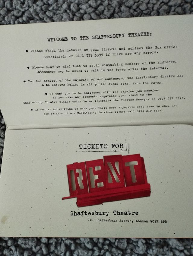 RENT, sobre para tickets del musical