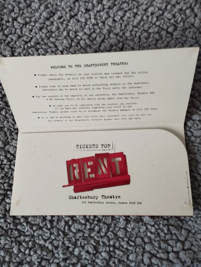 RENT, sobre para tickets del musical