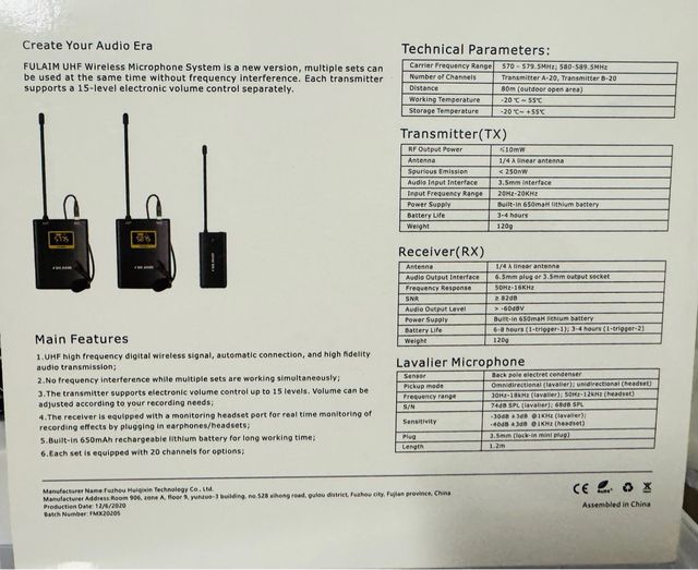 FULAIM WM300 Microfono Lavalier Wireless