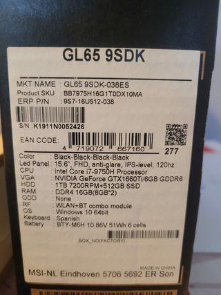 Portátil MSI GL65 9SDK
