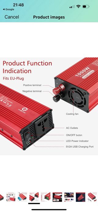 inversor de Coche de 1000W DC 12V a AC 220V