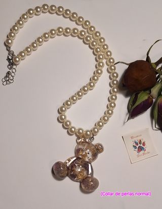 Collar de perlas oso(rosas y pan de oro)