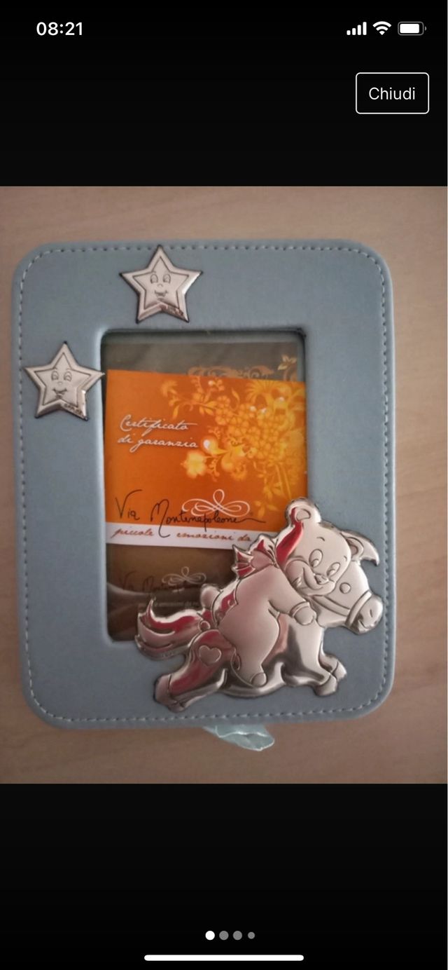 Portafoto argento e pelle celeste