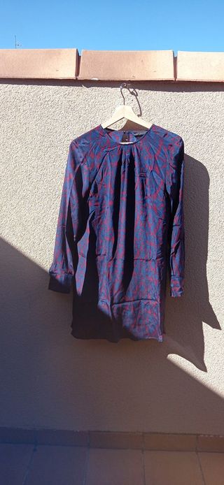 Vestido seda azul y burdeos