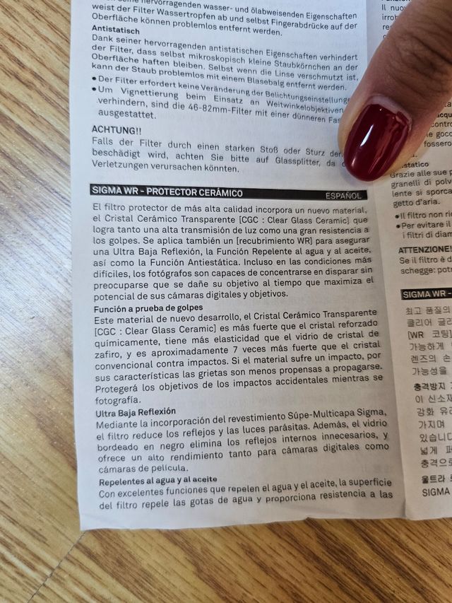 Sigma Filtro Protector cerámico WR 67mm