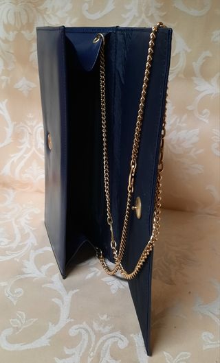 Bolso Cartera Piel Azul Cadena Dorada