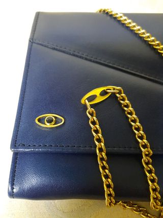 Bolso Cartera Piel Azul Cadena Dorada