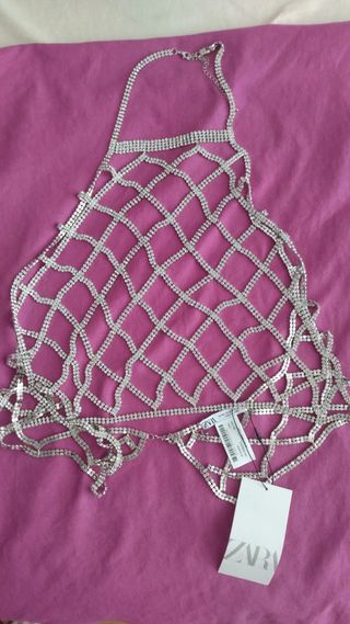 nuevo con etiqueta ZARA top pedrería halter plata