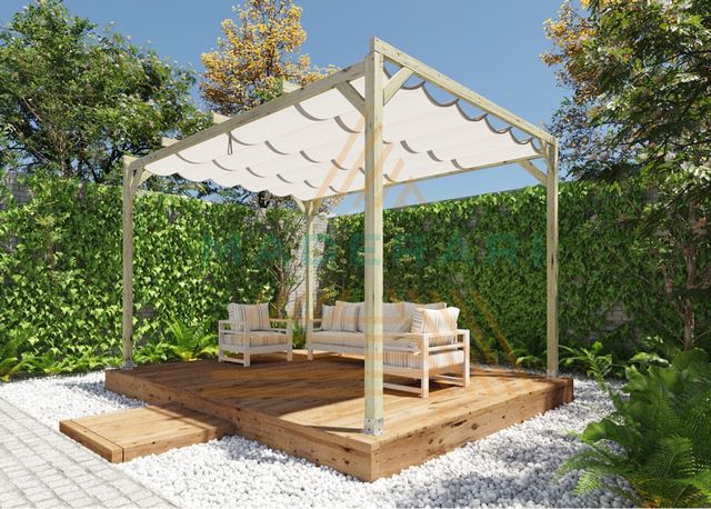 Pergola madera con toldo corredero