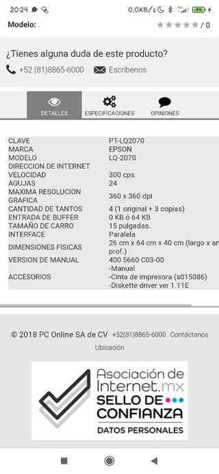 Impresora Epson LQ2070 matricial agujas