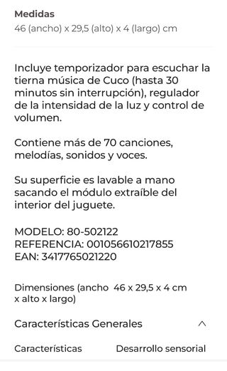 Muñeco musical cuco luz de cuna