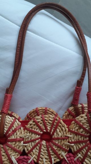 Bolso Vintage de Paja Rojo y Blanco