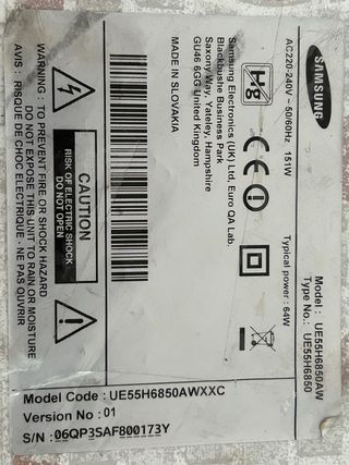 Fuente alimentacion Smart tv Samsung UE55H6850AW