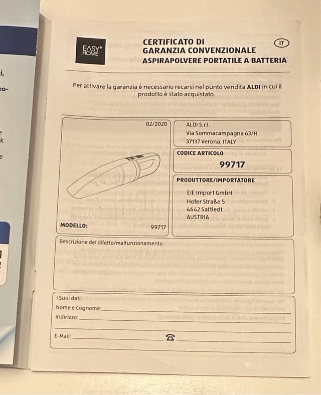 Aspirapolvere portatile a batteria Easy Home